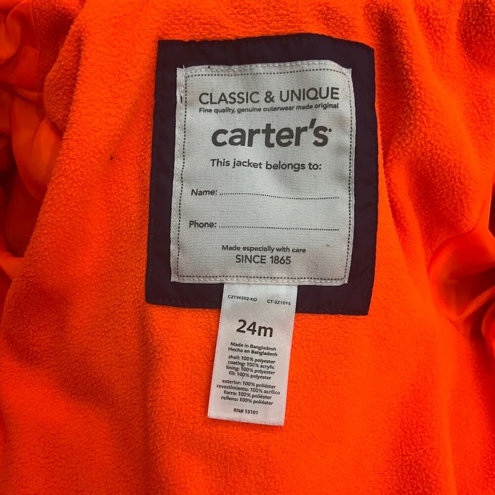 Carter's Kids Blue Dino Winter Coat Dinosaur Snow Jacket Size 24mo - Picture 6 of 10